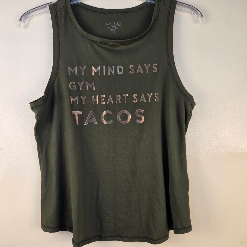 EVCR Womens Olive Green Gym Heart Says Tacos Graphic Tank Top Size Large